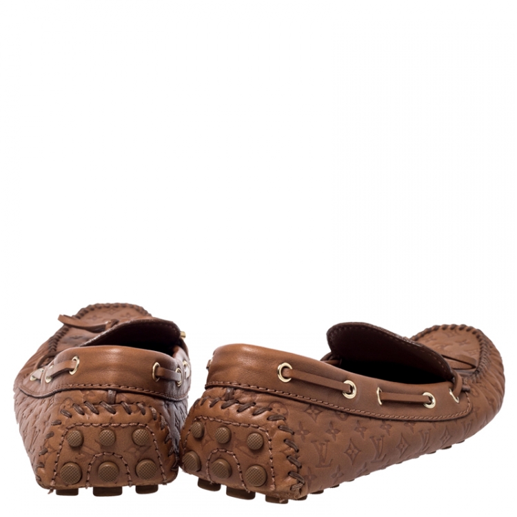 Pre Owned Louis Vuitton Brown Monogram Empreinte Leather Gloria Flat Loafers Size 39