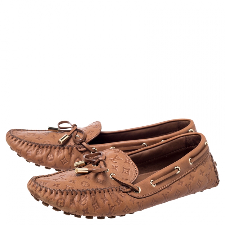 Pre Owned Louis Vuitton Brown Monogram Empreinte Leather Gloria Flat Loafers Size 39