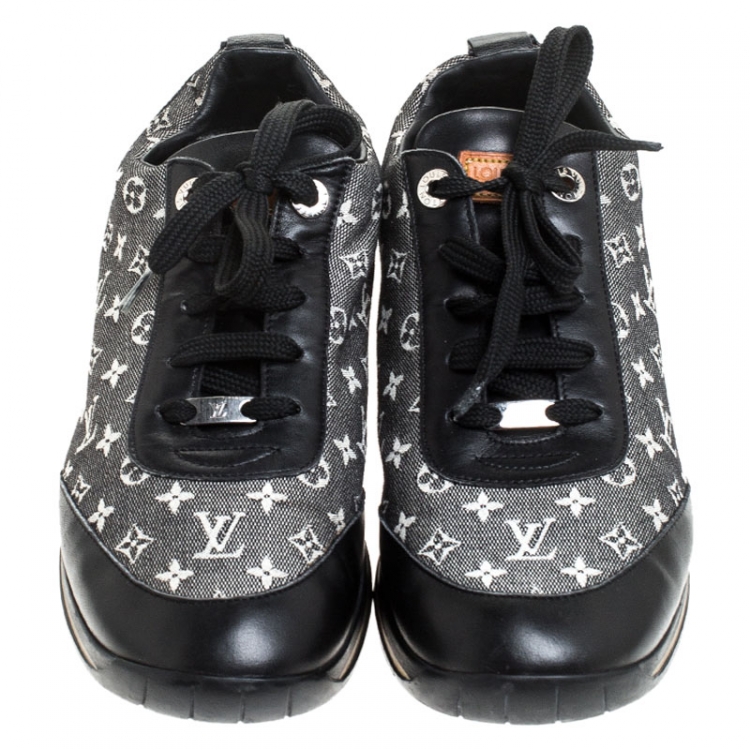 Pre Owned Louis Vuitton Black Monogram Denim and Leather Lace Sneakers Size 38.5