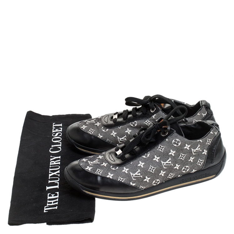Pre Owned Louis Vuitton Black Monogram Denim and Leather Lace Sneakers Size 38.5
