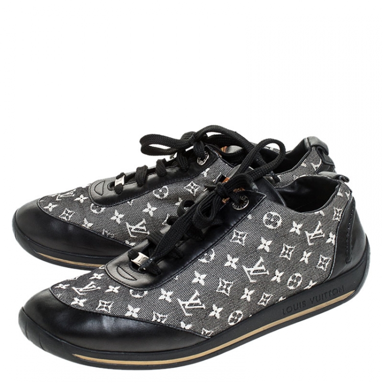Pre Owned Louis Vuitton Black Monogram Denim and Leather Lace Sneakers Size 38.5