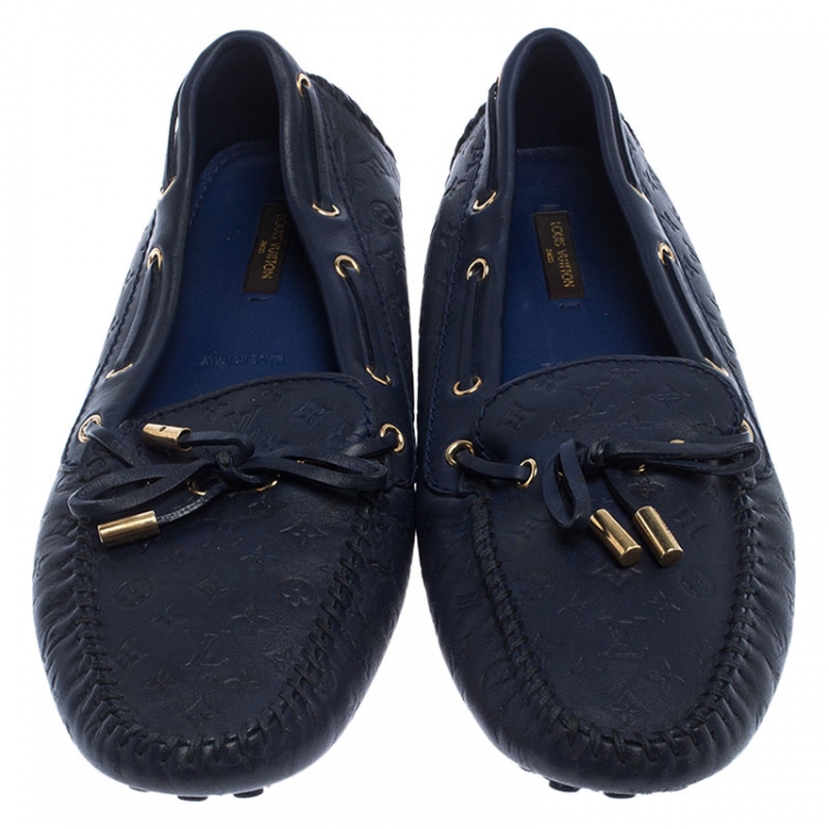 Pre Owned Louis Vuitton Blue Leather Monogram Empreinte Gloria Loafers Size 39.5