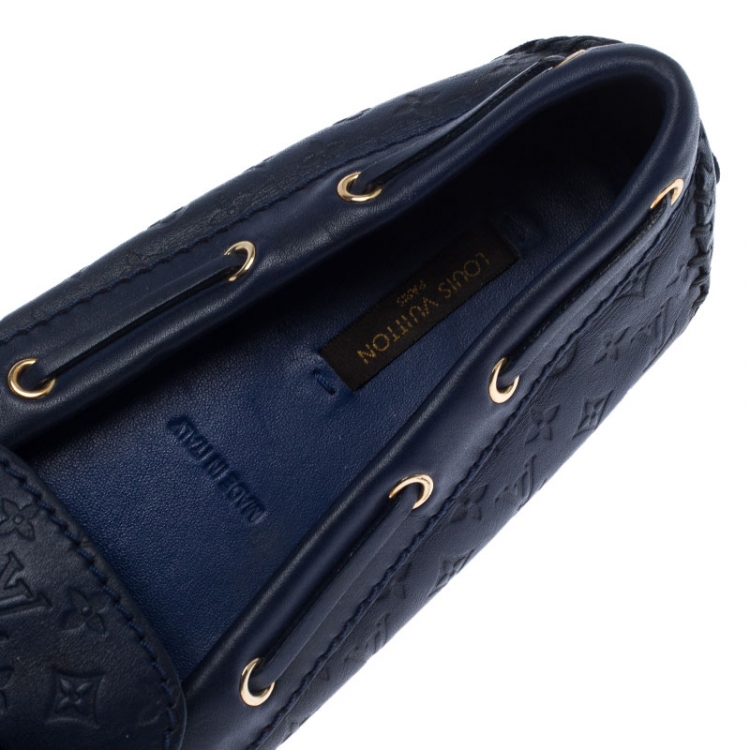 Pre Owned Louis Vuitton Blue Leather Monogram Empreinte Gloria Loafers Size 39.5