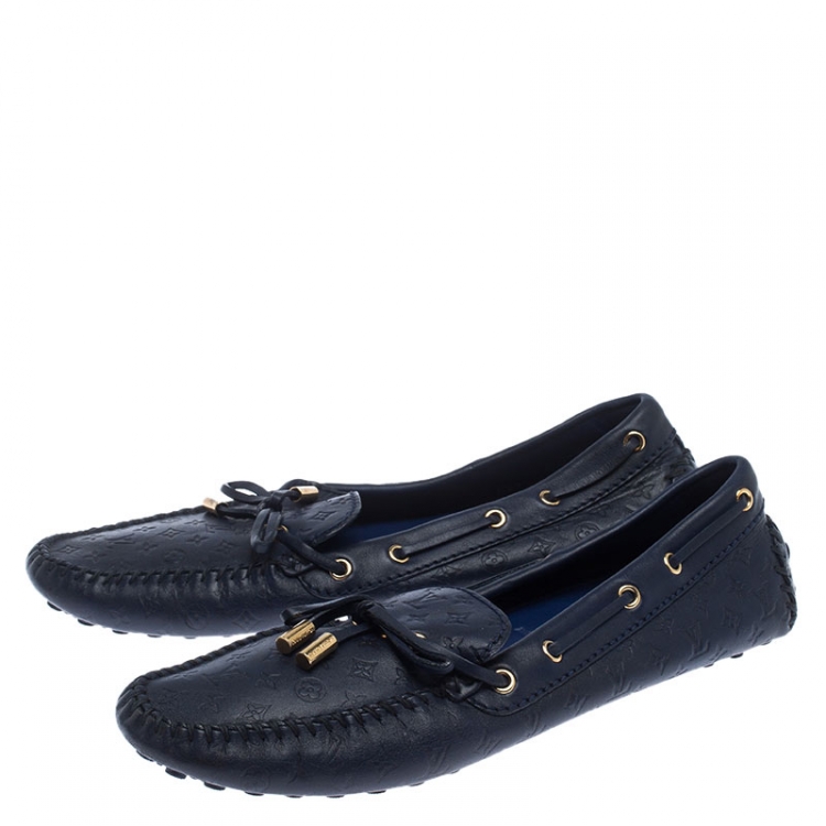 Pre Owned Louis Vuitton Blue Leather Monogram Empreinte Gloria Loafers Size 39.5