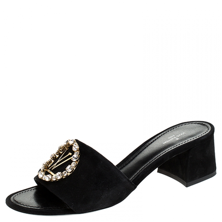 Louis Vuitton Black Suede & Crystal Heels  Louis vuitton shoes heels, Heels,  Crystal heels