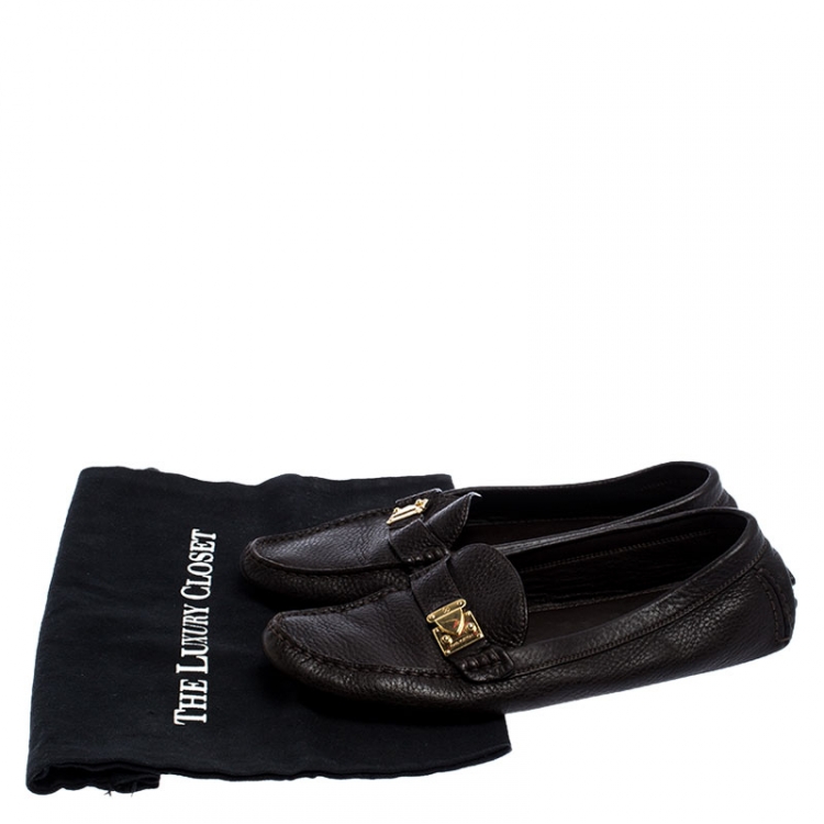 Pre Owned Louis Vuitton Dark Brown Leather S-Lock Driving Loafers Size 38.5
