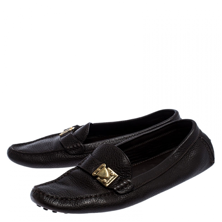 Pre Owned Louis Vuitton Dark Brown Leather S-Lock Driving Loafers Size 38.5