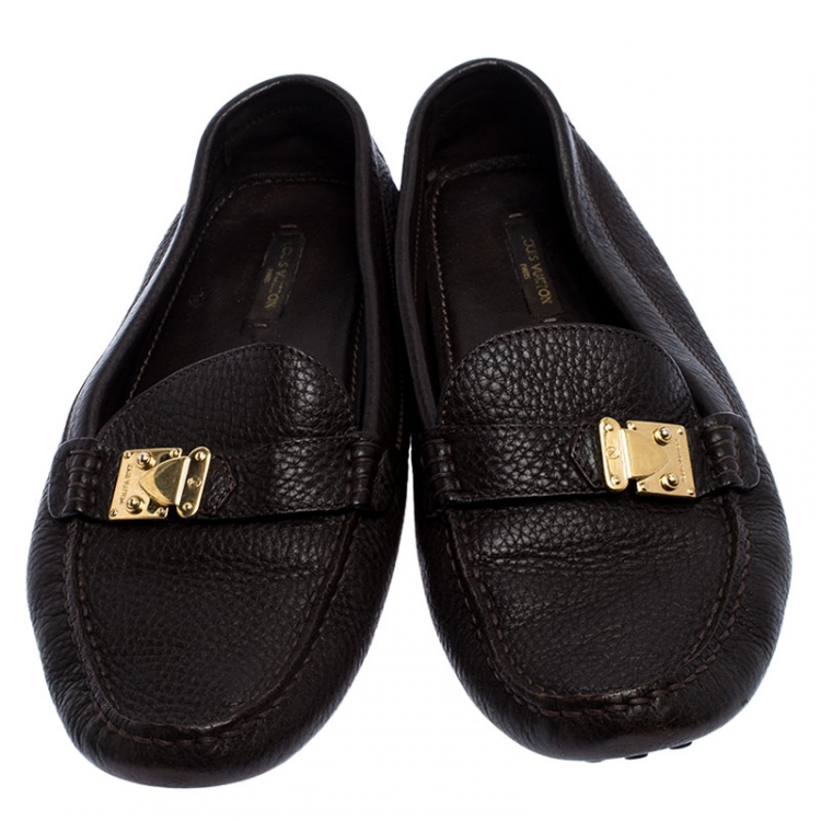 Pre Owned Louis Vuitton Dark Brown Leather S-Lock Driving Loafers Size 38.5