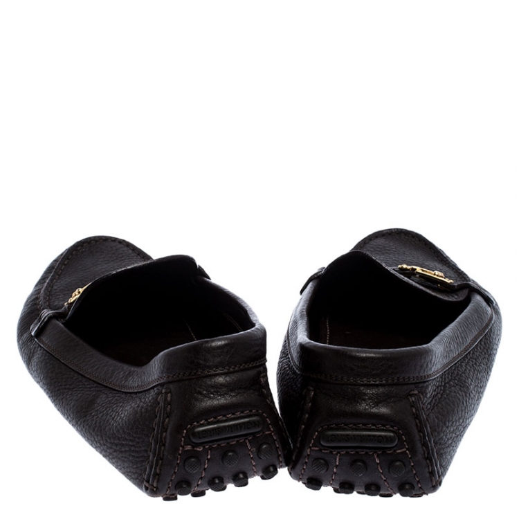 Pre Owned Louis Vuitton Dark Brown Leather S-Lock Driving Loafers Size 38.5