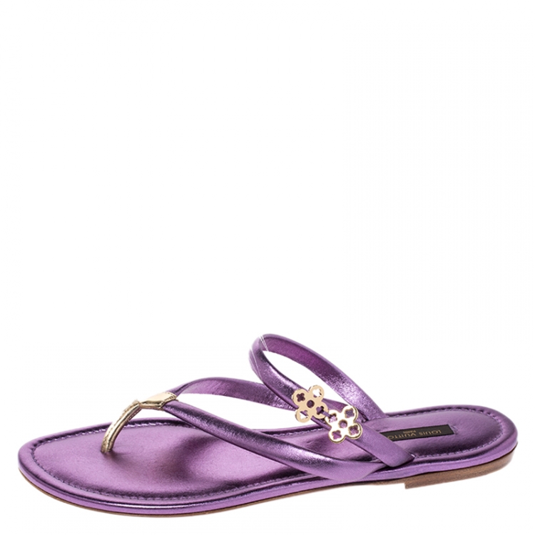 Louis Vuitton Metallic Purple Leather Monogram Logo Thong Sandals Size 38.5 Louis  Vuitton