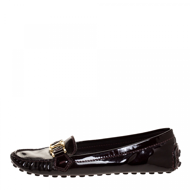 Pre Owned Louis Vuitton Burgundy Patent Leather Oxford Driving Loafers Size 38.5