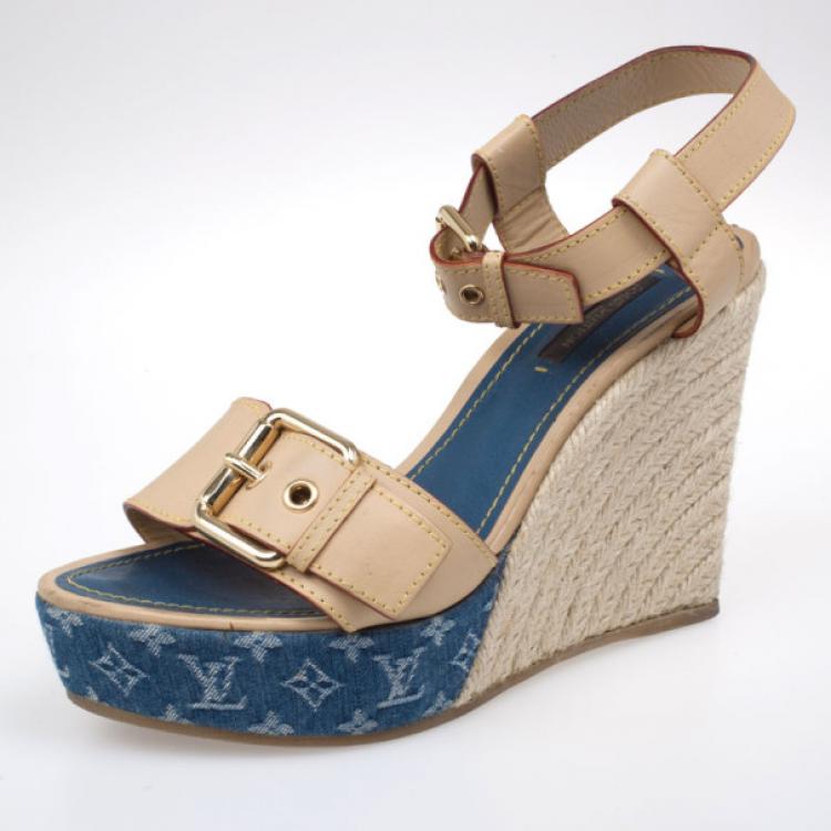 Louis Vuitton Blue Monogram Denim Espadrille Wedge Sandals Size 38 Louis  Vuitton