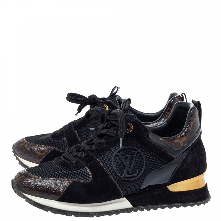 Pre Owned Louis Vuitton Black Suede, Mesh And Monogram Canvas Run Away Lace Up Sneakers Size 38