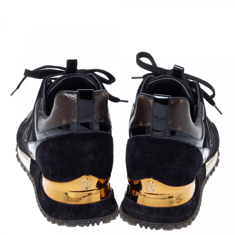 Pre Owned Louis Vuitton Black Suede, Mesh And Monogram Canvas Run Away Lace Up Sneakers Size 38