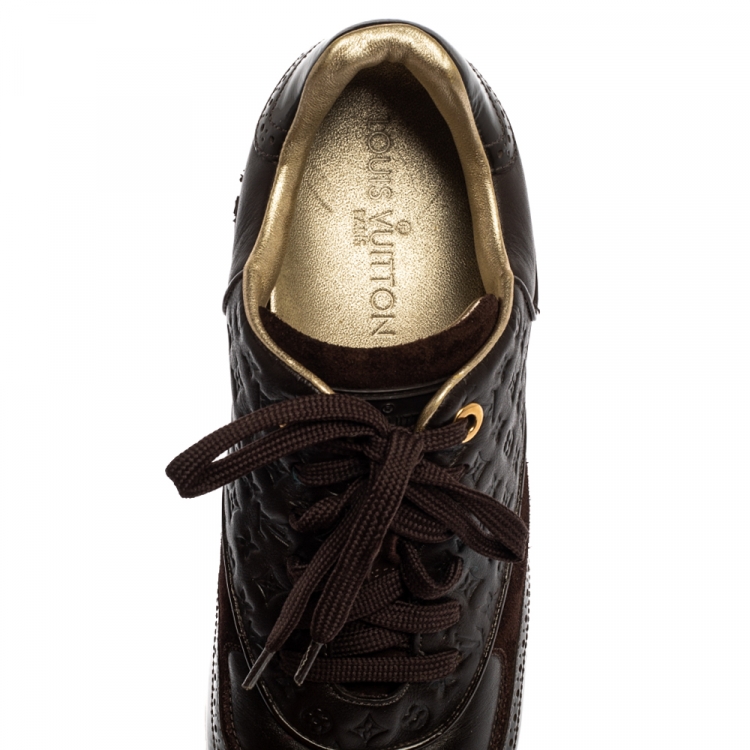Pre Owned Louis Vuitton Brown Leather And Suede Monogram Sneakers Size 39
