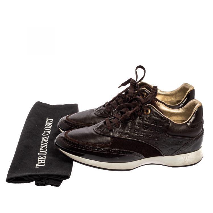 Pre Owned Louis Vuitton Brown Leather And Suede Monogram Sneakers Size 39