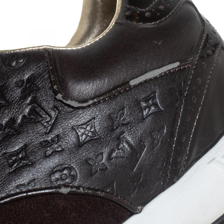 Pre Owned Louis Vuitton Brown Leather And Suede Monogram Sneakers Size 39
