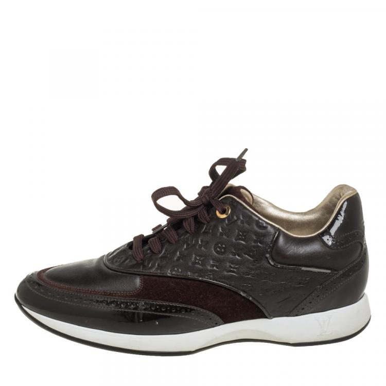 Pre Owned Louis Vuitton Brown Leather And Suede Monogram Sneakers Size 39