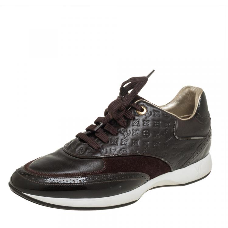 Pre Owned Louis Vuitton Brown Leather And Suede Monogram Sneakers Size 39