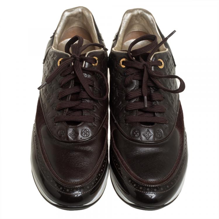 Pre Owned Louis Vuitton Brown Leather And Suede Monogram Sneakers Size 39