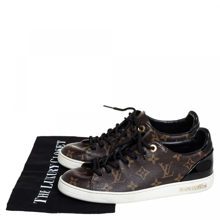 Pre Owned Louis Vuitton Brown/Black Monogram Canvas And Patent Leather Frontrow Low Top Sneakers Size 38