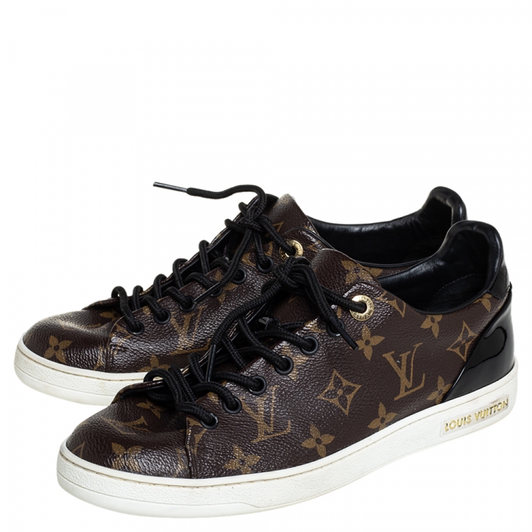 Pre Owned Louis Vuitton Brown/Black Monogram Canvas And Patent Leather Frontrow Low Top Sneakers Size 38