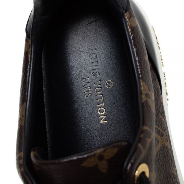 Pre Owned Louis Vuitton Brown/Black Monogram Canvas And Patent Leather Frontrow Low Top Sneakers Size 38