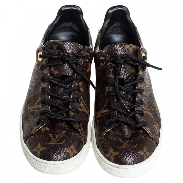 Pre Owned Louis Vuitton Brown/Black Monogram Canvas And Patent Leather Frontrow Low Top Sneakers Size 38