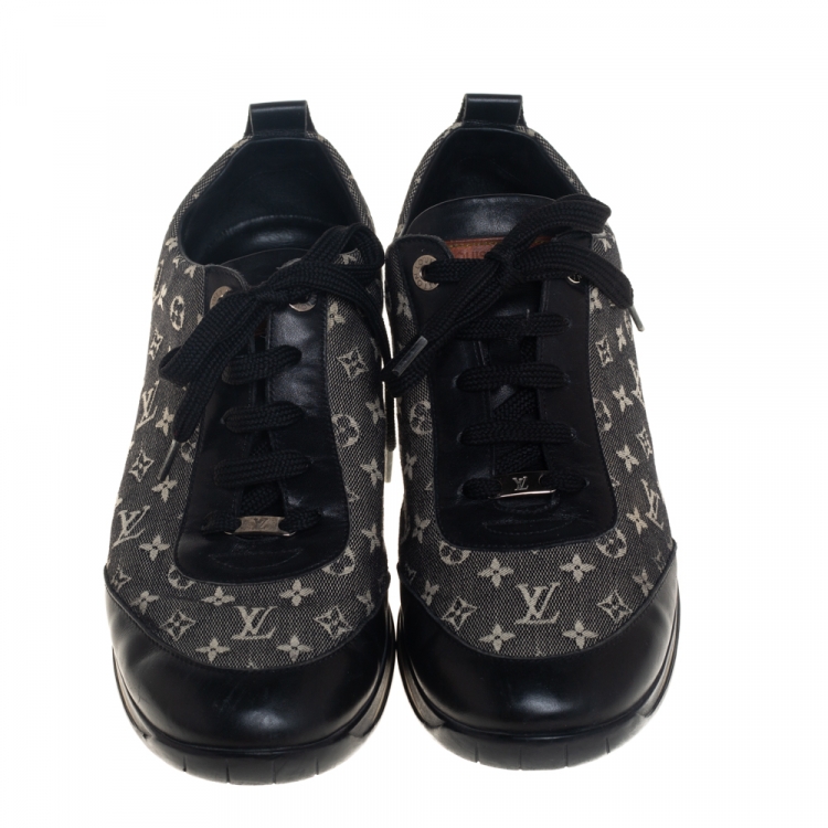 Pre Owned Louis Vuitton Black Leather And Two Tone Mini Lin Monogram Canvas Low Top Sneakers Size 40