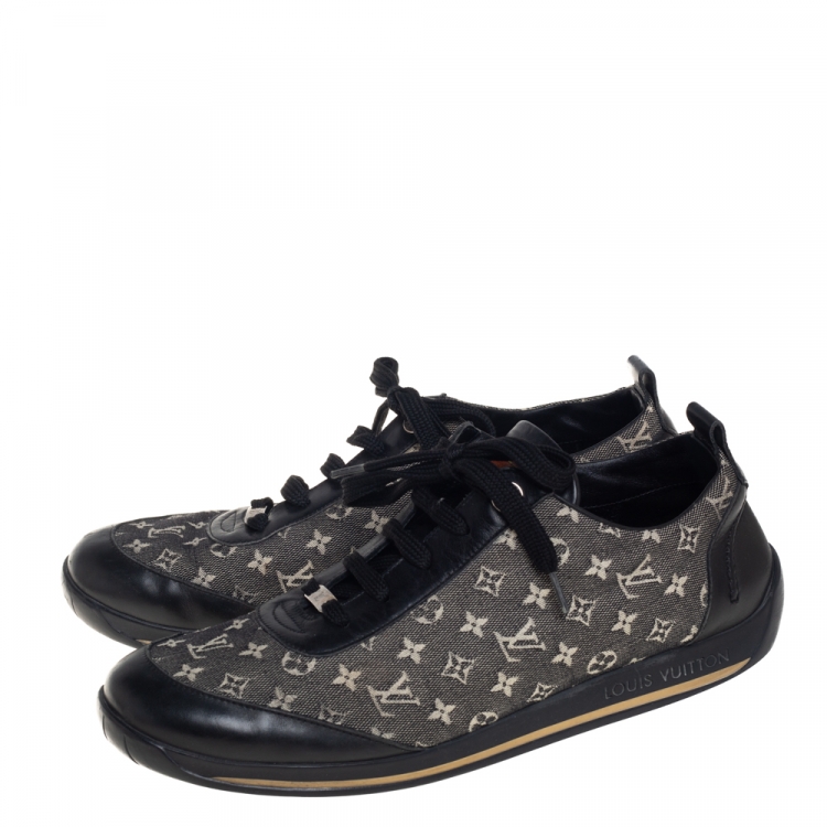 Pre Owned Louis Vuitton Black Leather And Two Tone Mini Lin Monogram Canvas Low Top Sneakers Size 40