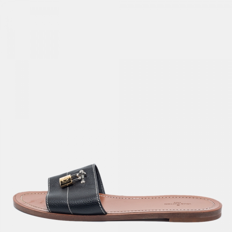Louis Vuitton Gold Ostrich Leather Lock It Flat Sandals Size 38