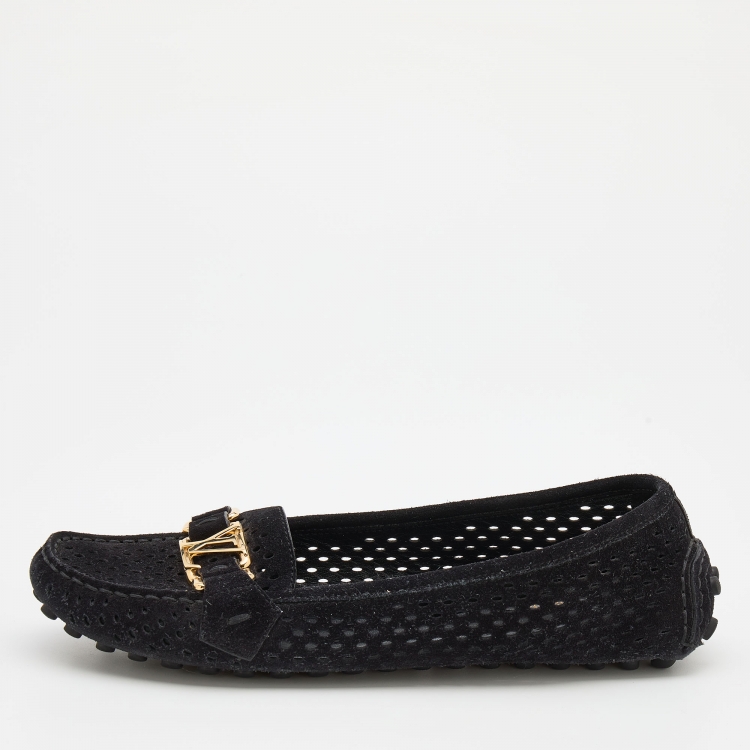 Pre Owned Louis Vuitton Black Perforated Suede Oxford Slip On Loafers Size 37