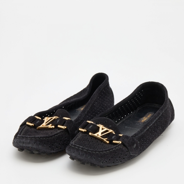Pre Owned Louis Vuitton Black Perforated Suede Oxford Slip On Loafers Size 37