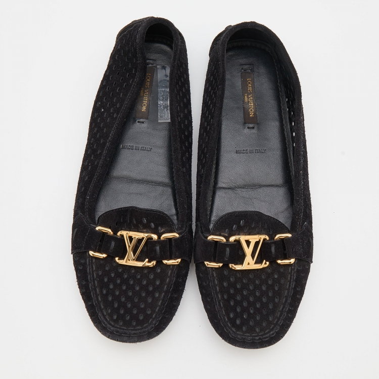 Pre Owned Louis Vuitton Black Perforated Suede Oxford Slip On Loafers Size 37