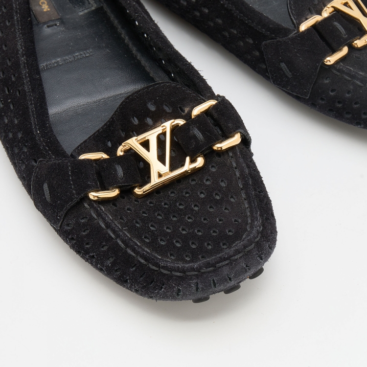 Pre Owned Louis Vuitton Black Perforated Suede Oxford Slip On Loafers Size 37