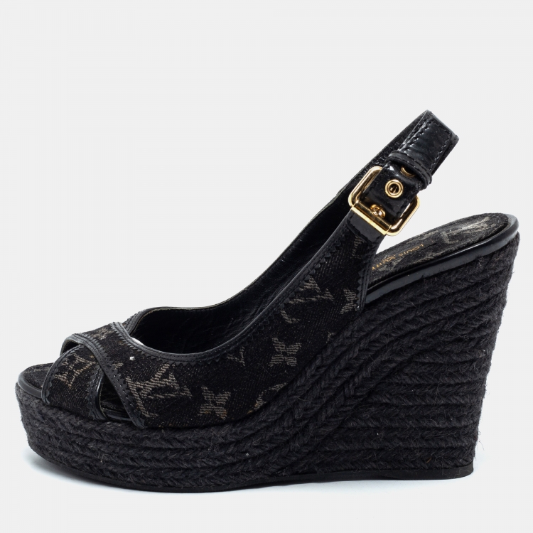 Louis Vuitton Black Suede Leather Bow Peep Toe Ankle Strap Wedge Sandals  Size 38.5 Louis Vuitton