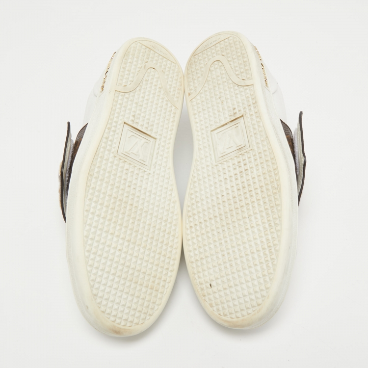 Pre Owned Louis Vuitton White Leather and Monogram Canvas Logo Strap Frontrow Sneakers Size 37.5