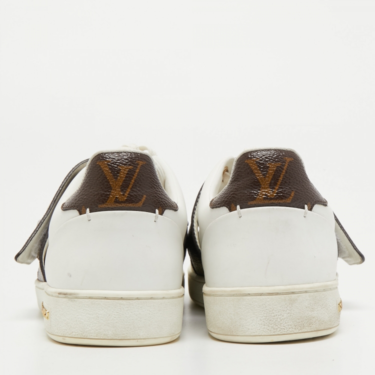 Pre Owned Louis Vuitton White Leather and Monogram Canvas Logo Strap Frontrow Sneakers Size 37.5
