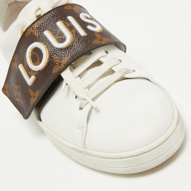 Pre Owned Louis Vuitton White Leather and Monogram Canvas Logo Strap Frontrow Sneakers Size 37.5