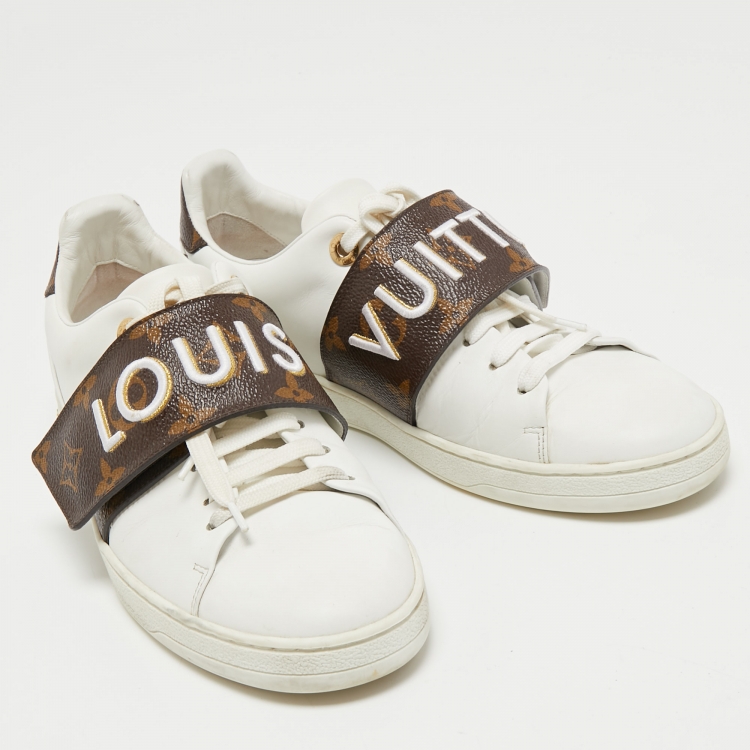 Pre Owned Louis Vuitton White Leather and Monogram Canvas Logo Strap Frontrow Sneakers Size 37.5