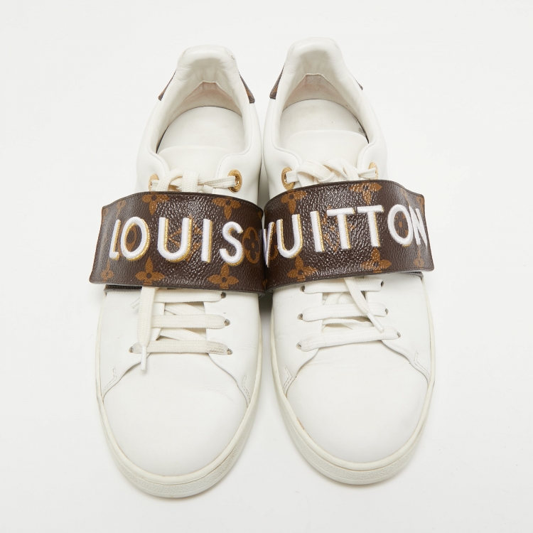 Pre Owned Louis Vuitton White Leather and Monogram Canvas Logo Strap Frontrow Sneakers Size 37.5