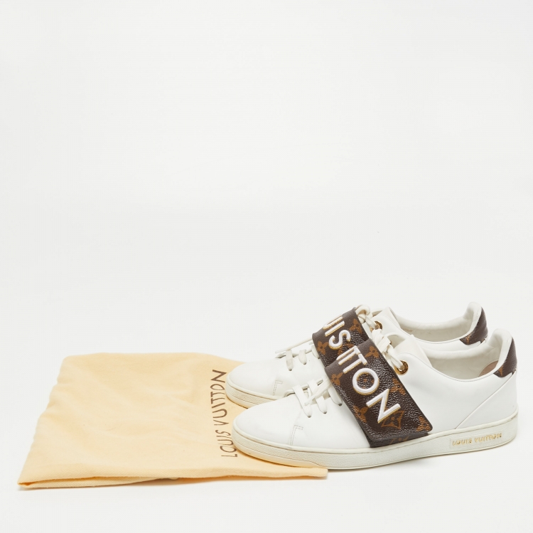 Pre Owned Louis Vuitton White Leather and Monogram Canvas Logo Strap Frontrow Sneakers Size 37.5