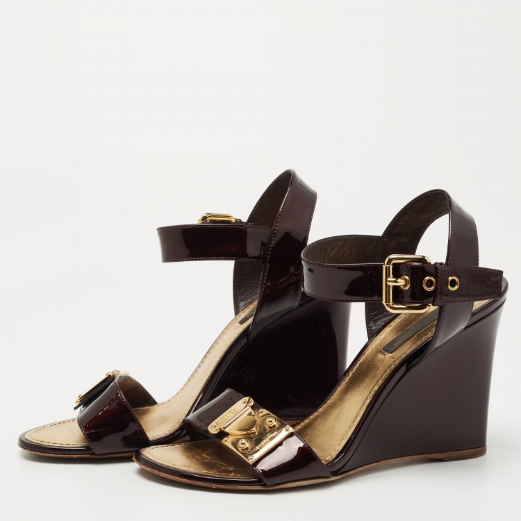 Louis Vuitton Brown Patent and Canvas Wedge Ankle Strap Sandals