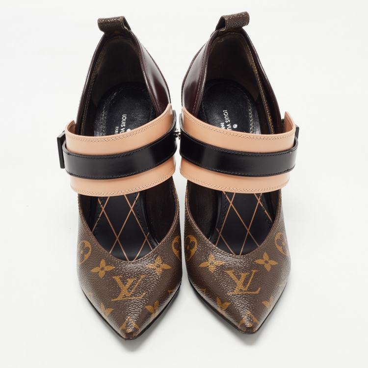 Pre Owned Louis Vuitton Brown Monogram Canvas and Leather Pointed Toe Pumps Size 38