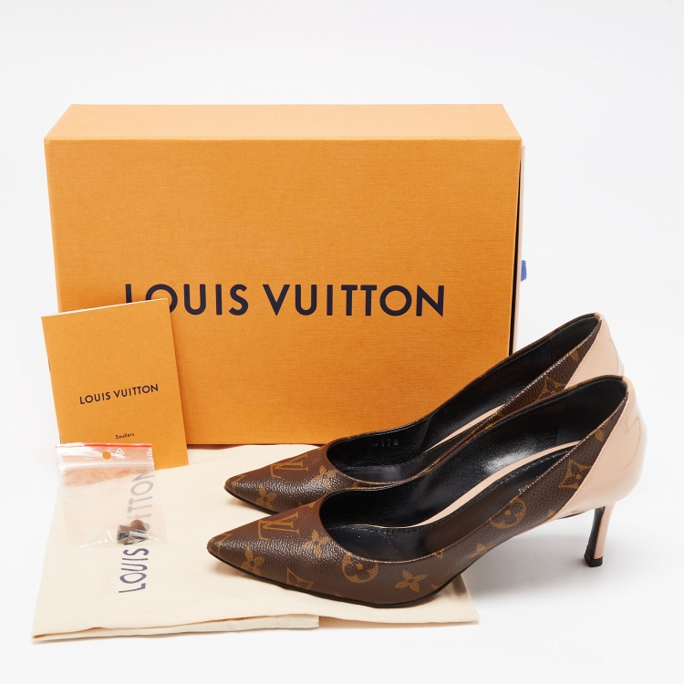 Pre Owned Louis Vuitton Brown/Beige Monogram Coated Canvas and Patent Leather Chérie Pointed Toe Pumps Size 37