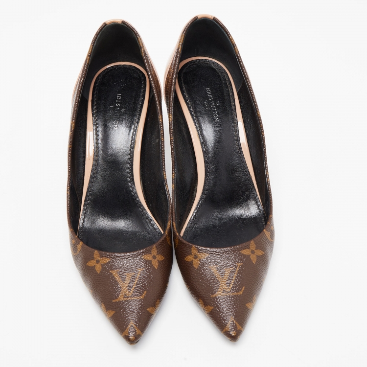 Pre Owned Louis Vuitton Brown/Beige Monogram Coated Canvas and Patent Leather Chérie Pointed Toe Pumps Size 37