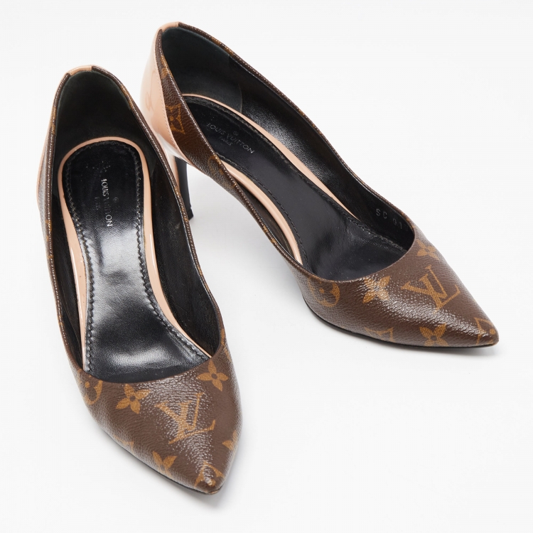 Pre Owned Louis Vuitton Brown/Beige Monogram Coated Canvas and Patent Leather Chérie Pointed Toe Pumps Size 37