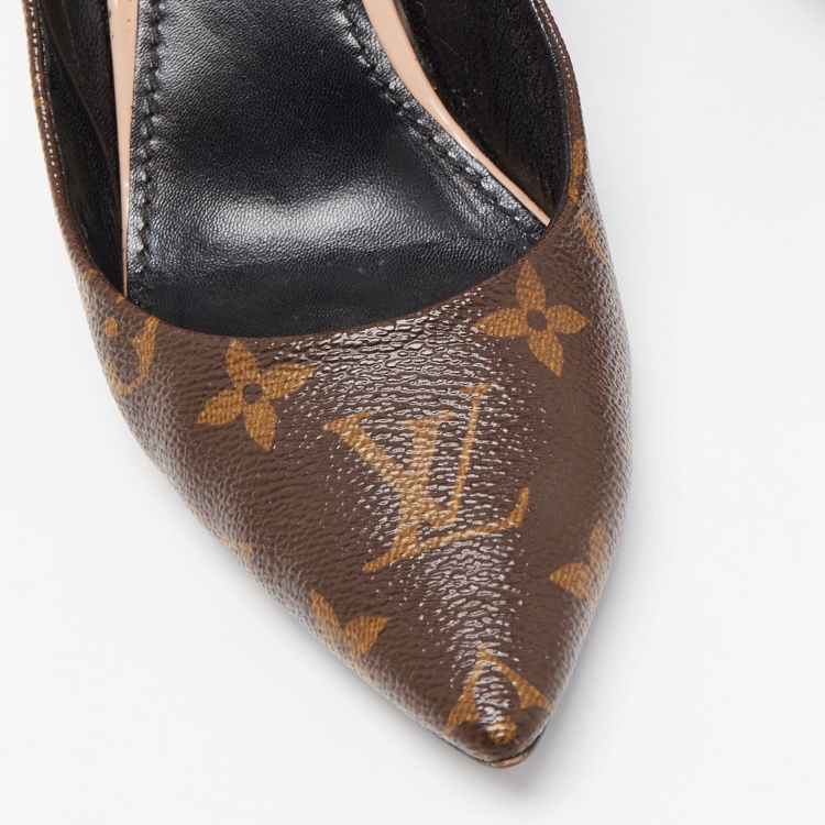 Pre Owned Louis Vuitton Brown/Beige Monogram Coated Canvas and Patent Leather Chérie Pointed Toe Pumps Size 37