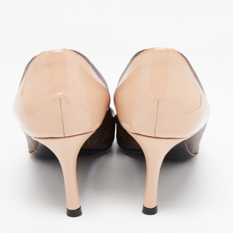 Pre Owned Louis Vuitton Brown/Beige Monogram Coated Canvas and Patent Leather Chérie Pointed Toe Pumps Size 37