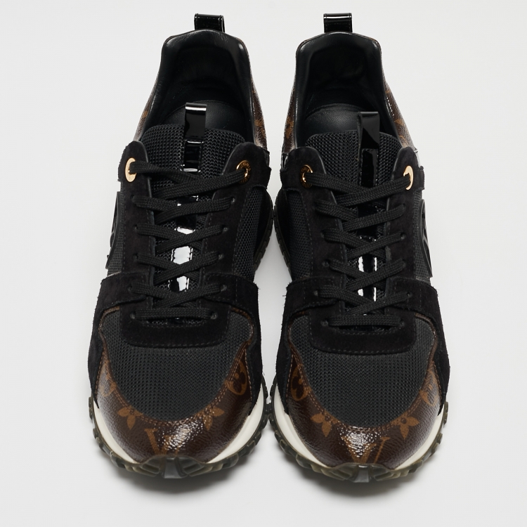 Pre Owned Louis Vuitton Black/Brown Monogram Canvas, Suede and Mesh Run Away Low Top Sneakers Size 37